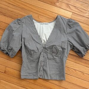 Abercrombie & Fitch Black and White Gingham Puff-Sleeve Button Top
